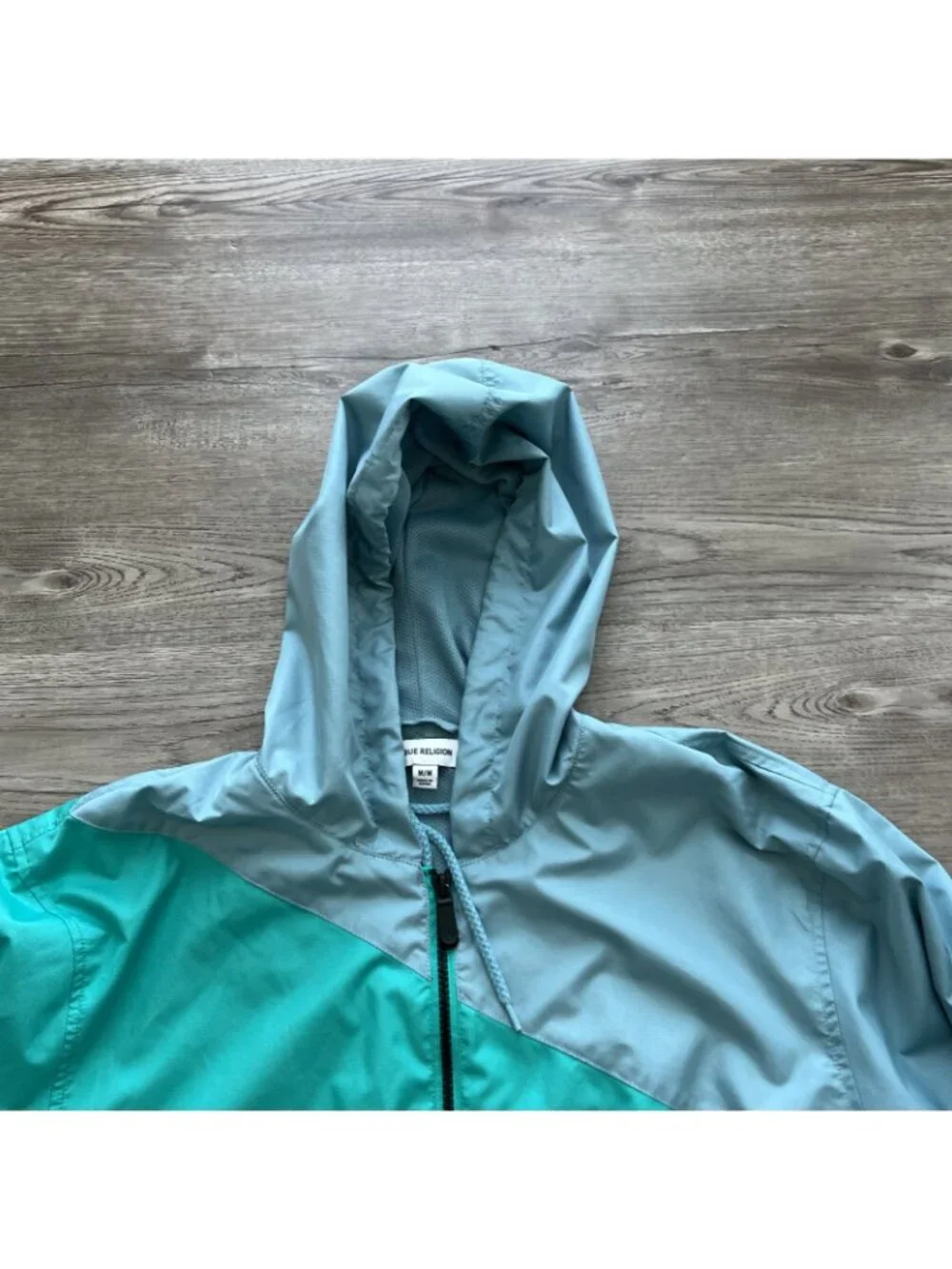 True Religion Windbreaker Jacket Mens M Teal Blue Green Full Zip Hooded